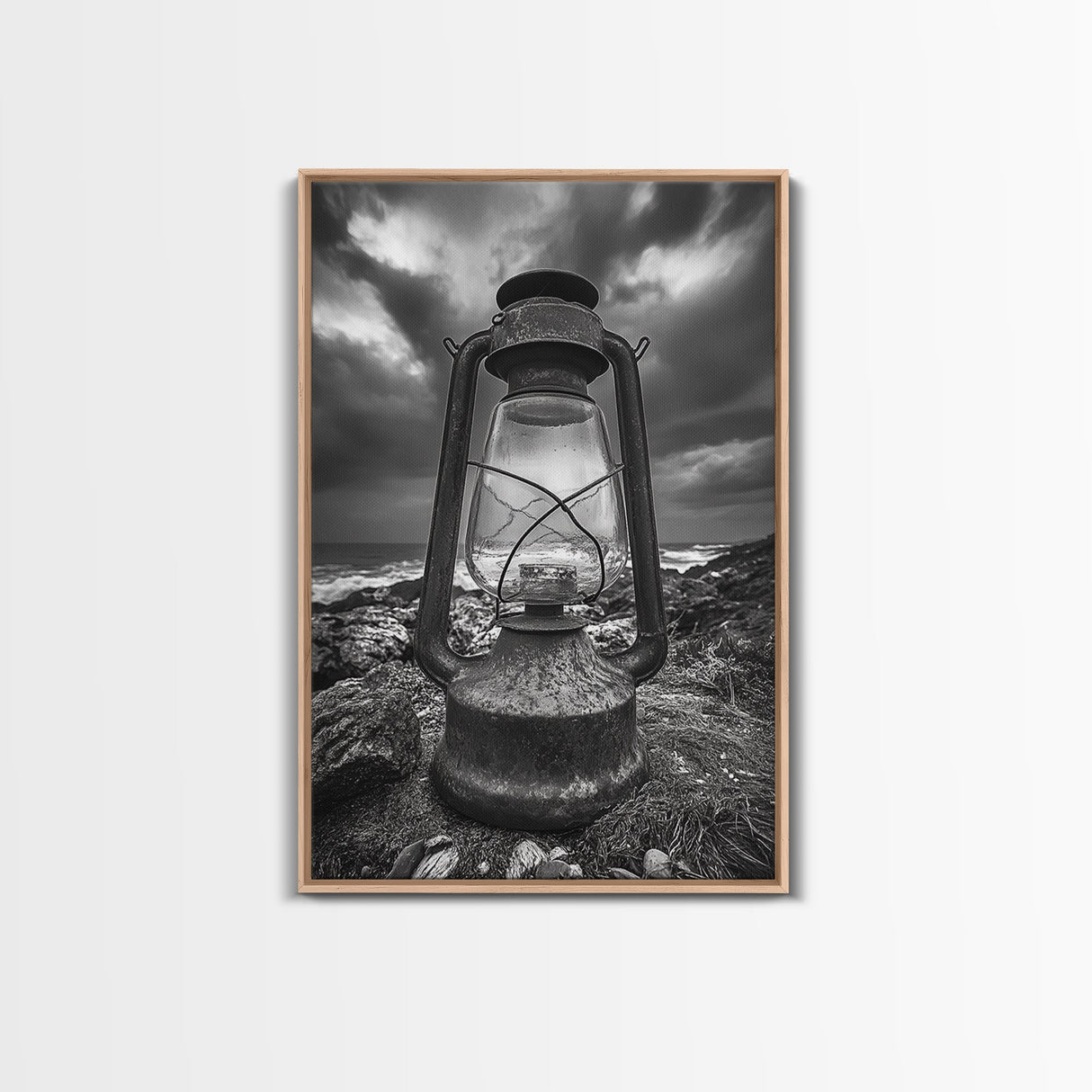 Stormy Lantern by the Sea, nautical decor, moody art, seascape painting, coastal painting, rustic wall art, framed canvas print