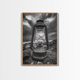 Stormy Lantern by the Sea, nautical decor, moody art, seascape painting, coastal painting, rustic wall art, framed canvas print