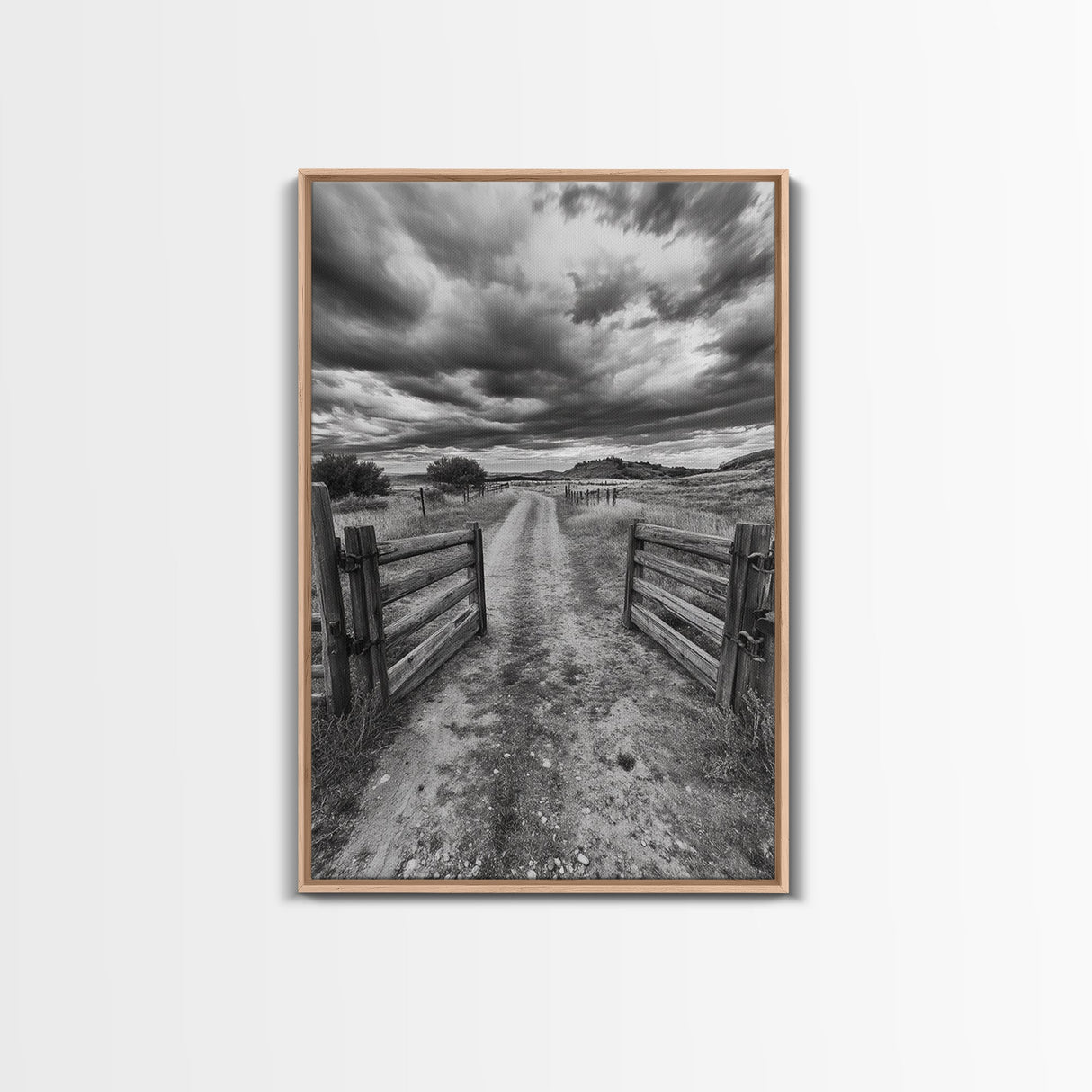 Open Ranch Gate, southwest wall art, moody art, western home decor, rustic art, farmhouse painting, framed canvas print, cowboy aesthetic