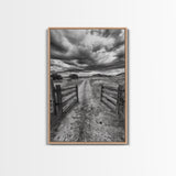 Open Ranch Gate, southwest wall art, moody art, western home decor, rustic art, farmhouse painting, framed canvas print, cowboy aesthetic