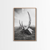 Large horns, rustic skull, bull and bear art, moody wall art, desert decor, cowboy aesthetic, framed canvas print, minimalist art