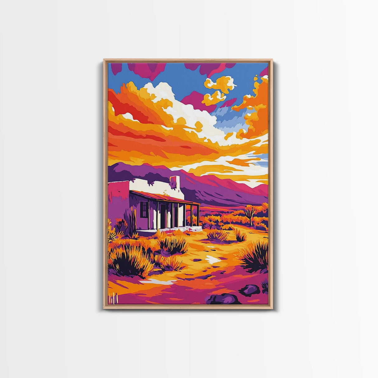 Southwest sunset, desert house, Joshua tree art, pink orange wall art, rustic wall art, boho art, framed canvas print, landscape painting
