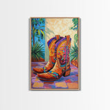 Painted Boots, coastal cowgirl wall art, vibrant rustic decor, colorful western art, cowboy art, southwest wall art, framed canvas print, gift idea