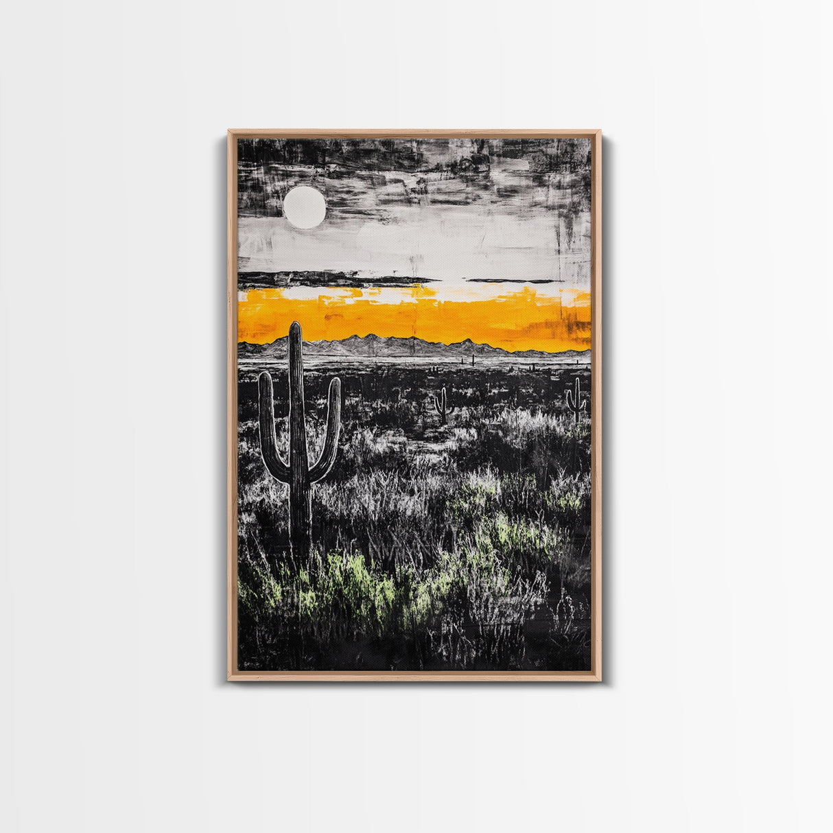 Cactus Sunset, black and white, moody desert art, yellow skyline, Joshua tree art, framed canvas print, extra wide art, rustic decor