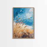 Wheat Field, blue sky, golden harvest, windy landscape, nature wall art, rustic decor, framed canvas print, farmhouse wall art