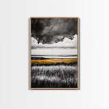 Moody Landscape, dramatic clouds, black and white, gold fields, panoramic art, rustic decor, framed canvas print, extra wide art