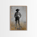 Lone Cowboy, Rustic Art, Western Wall Art, Wabi Sabi Art, Vintage Horse Art, Moody Art, Canvas Print, Framed Cowboy Painting