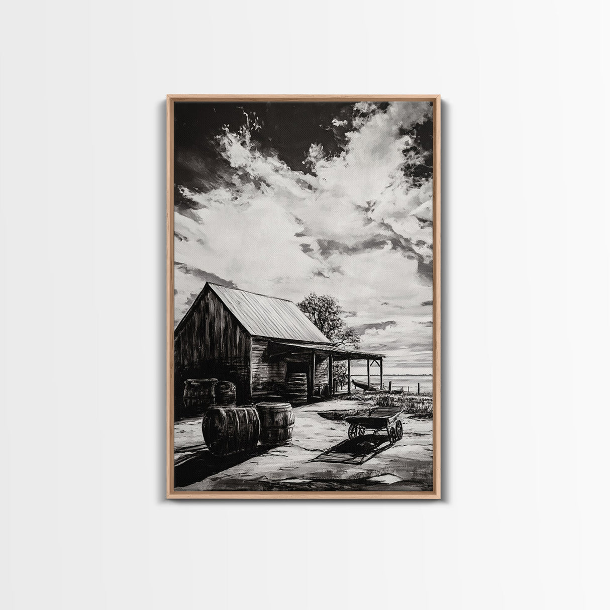 Vintage Barn, Rustic Landscape, Canvas Print, farmhouse art, rustic wall art, barn landscape oil painting, moody art, above couch art, wabi sabi art