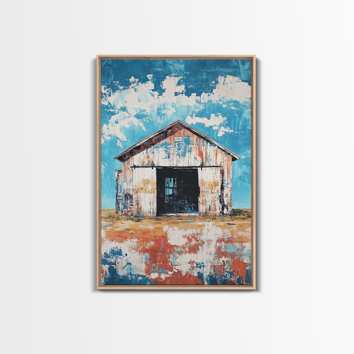 Rustic Barn, farmhouse art, landscape painting, blue and green wall art, extra wide art, panoramic art, Framed Canvas Print