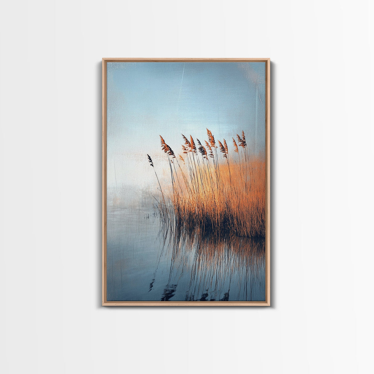 Lake Reeds Reflection, wabi sabi art, minimalist art, coastal decor, coastal landscape art, nautical painting, Framed Canvas Print