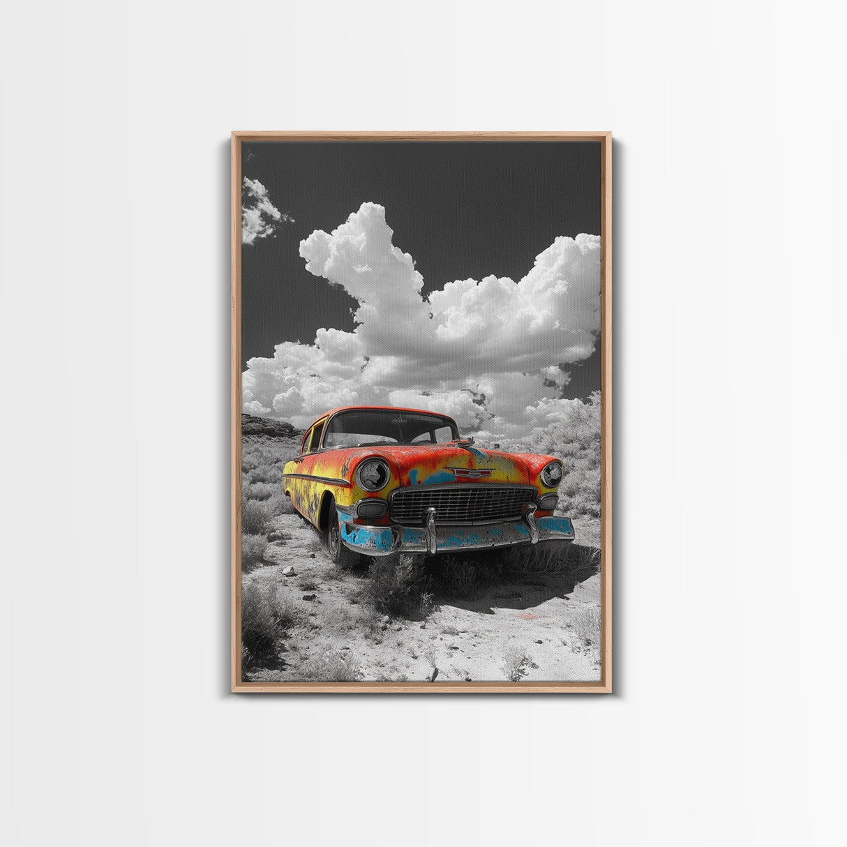 Vintage Car, Custom Car Painting, Graffiti Wall Art, Rustic Art, Old Car Scene, Moody Art, Framed Canvas Print, Landscape Art