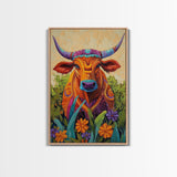 Colorful Bull Art, boho art, wabi sabi art, whimsical art, wildflower painting, framed canvas print, gift idea, rustic wall art