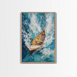 Wooden Boat in Waves, nautical painting, coastal decor, ocean waves art, seascape painting, framed canvas print, living room art, rustic art