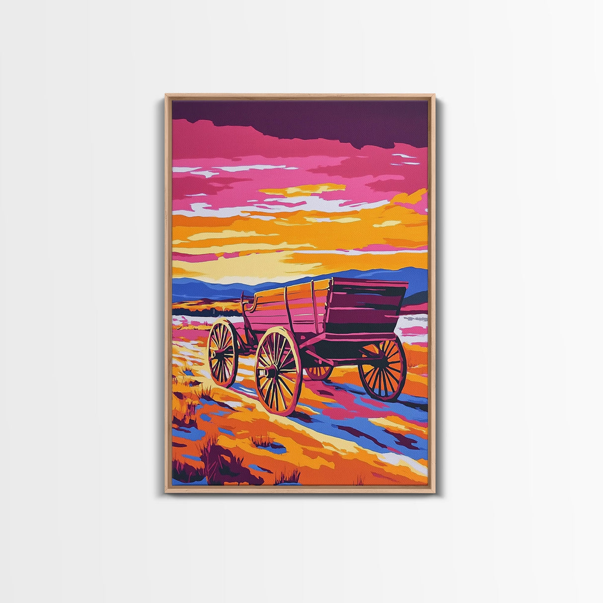 Sunset Wagon Art, pink orange wall art, Joshua tree art, rustic wall art, warm tones painting, framed canvas print, gift idea, extra wide art