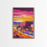 Sunset Wagon Art, pink orange wall art, Joshua tree art, rustic wall art, warm tones painting, framed canvas print, gift idea, extra wide art