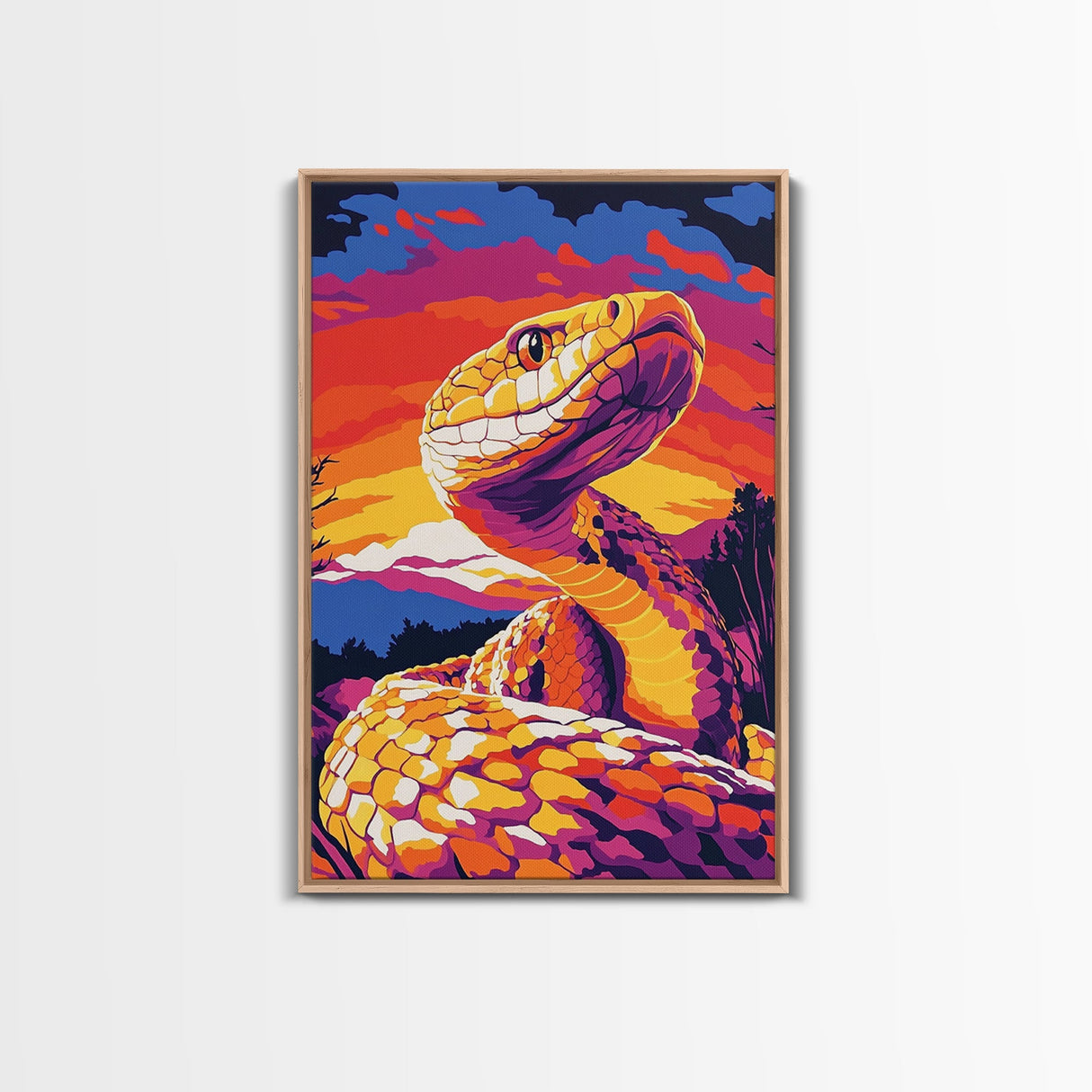 Rattlesnake Sunset, Bold Snake Art, Vibrant Southwest Decor, Wildlife Art, Nature Painting, Canvas Print, Living Room Art