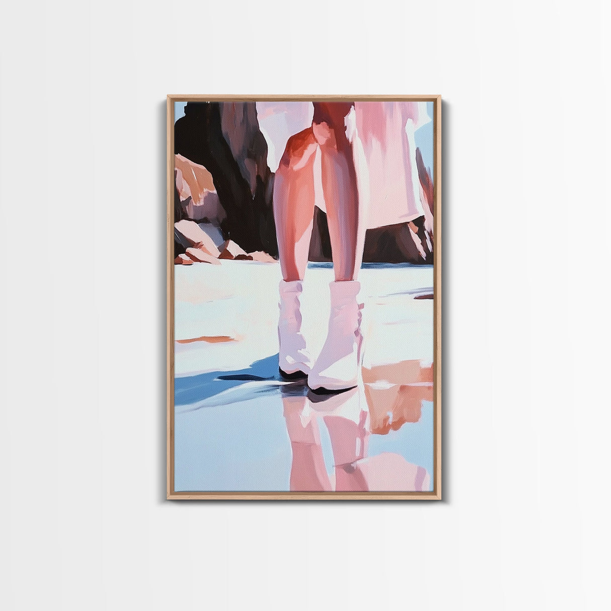 Woman at Beach, Coastal Art, Light Pink Wall Art, Boho Art, Minimalist Painting, Nautical Decor, Framed Canvas Print, Gift Idea