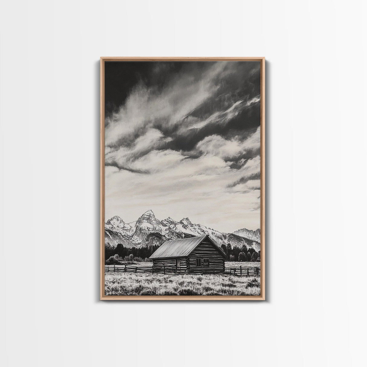 Rustic Cabin, Smoky Mountain Art, Black and White Landscape, Western Wall Art, Wabi Sabi Art, Farmhouse Decor, Canvas Print