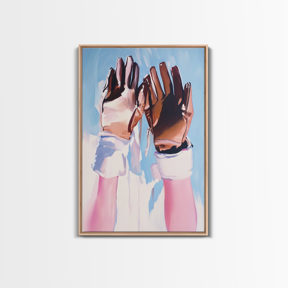 Leather Gloves Up, rustic wall art, cowboy art, boho art, wabi sabi art, warm neutral painting, above sofa art, Framed Canvas Print