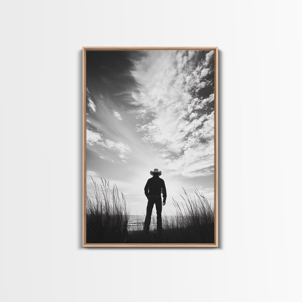 Lone Cowboy, coastal cowgirl wall art, moody art, western art, rustic decor, wabi sabi art, framed canvas print, extra wide art