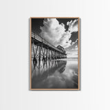 Pier reflection, seascape painting, nautical decor, rustic wall art, black and white photography, extra wide art, framed canvas print