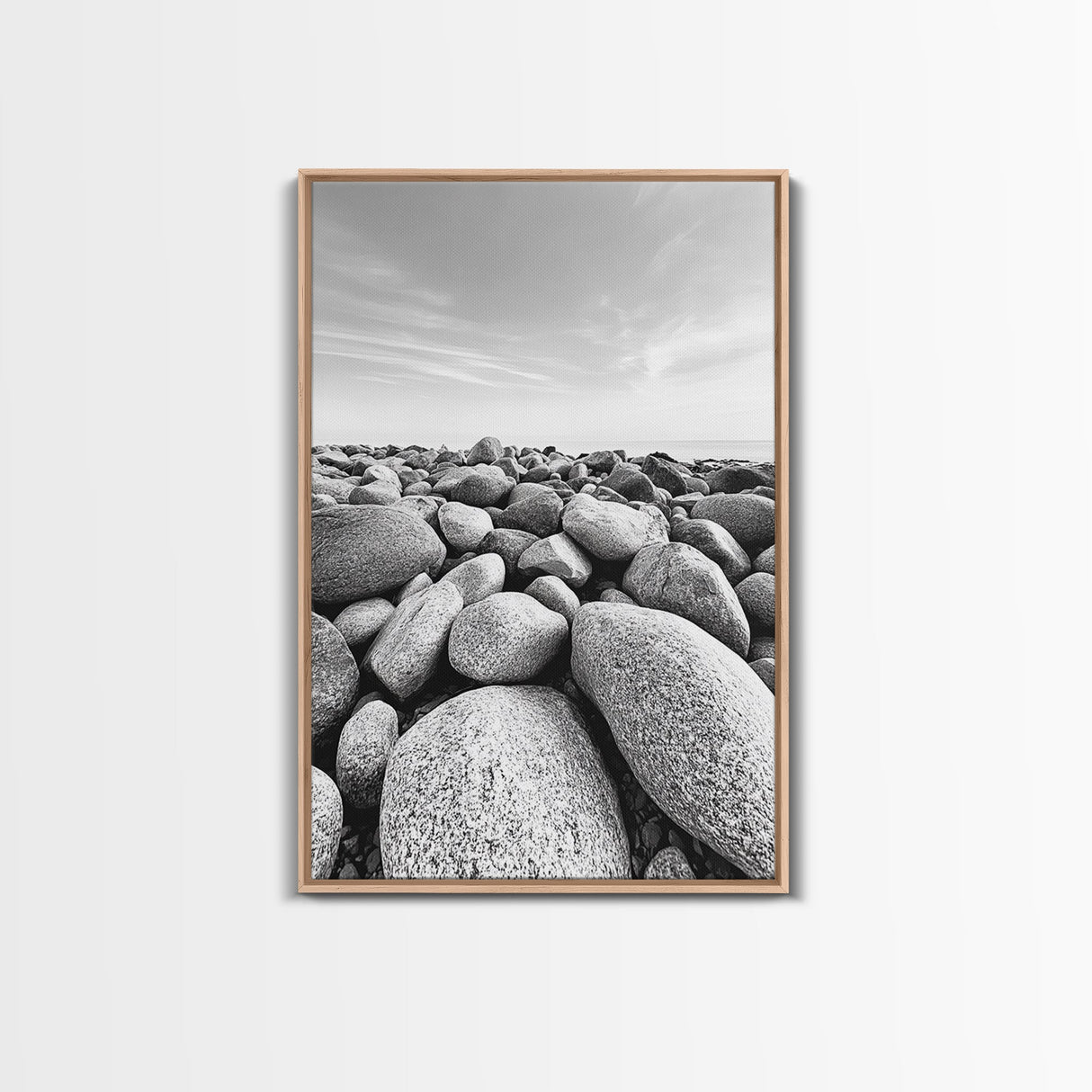 Stone beach, coastal landscape art, black and white art, wabi sabi wall art, minimalist art, nature photography, framed canvas print