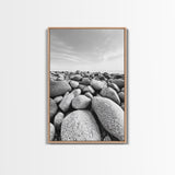 Stone beach, coastal landscape art, black and white art, wabi sabi wall art, minimalist art, nature photography, framed canvas print