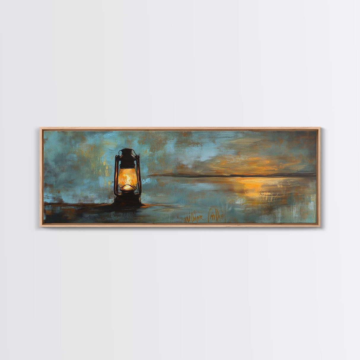 Lantern, rustic art, moody art, oil painting, long narrow wall art, extra wide art, above sofa art, Framed Canvas Print