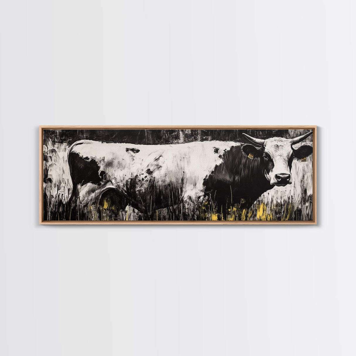 Black and White Cow, farmhouse art, rustic wall art, extra wide art, wabi sabi art, vintage horse art, Canvas Print
