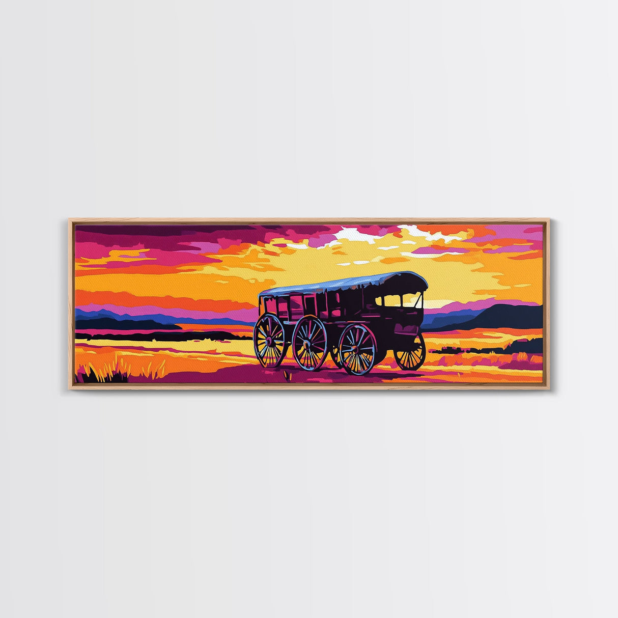 Western Wheels, cowboy painting, rustic wall art, gift idea, farmhouse decor, panoramic art, extra wide art, framed canvas print