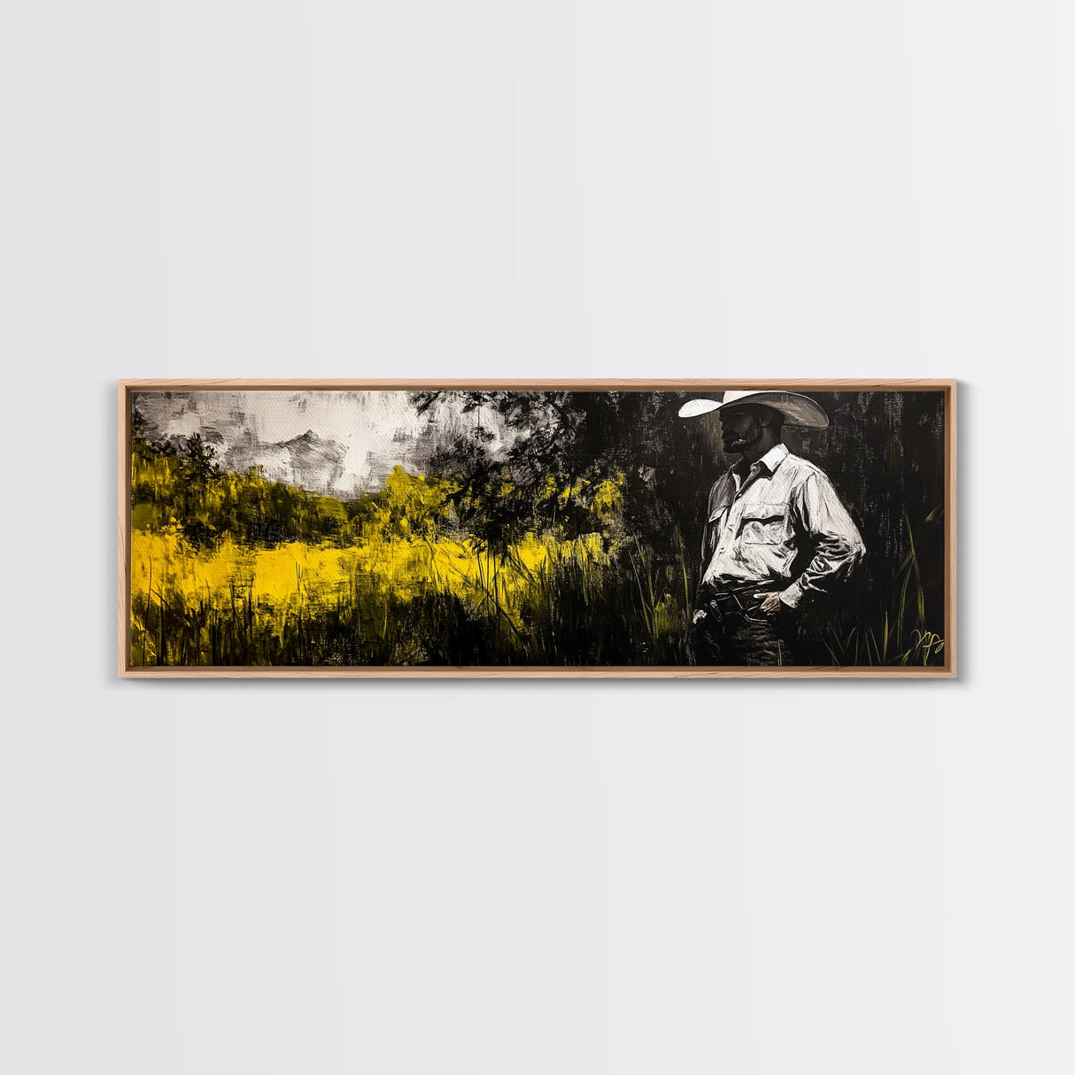 Cowboy in Field, Rustic Wall Art, Farmhouse Art, Canvas Print, Vintage Horse Art, Extra Wide Art, Moody Art, Wabi Sabi Art