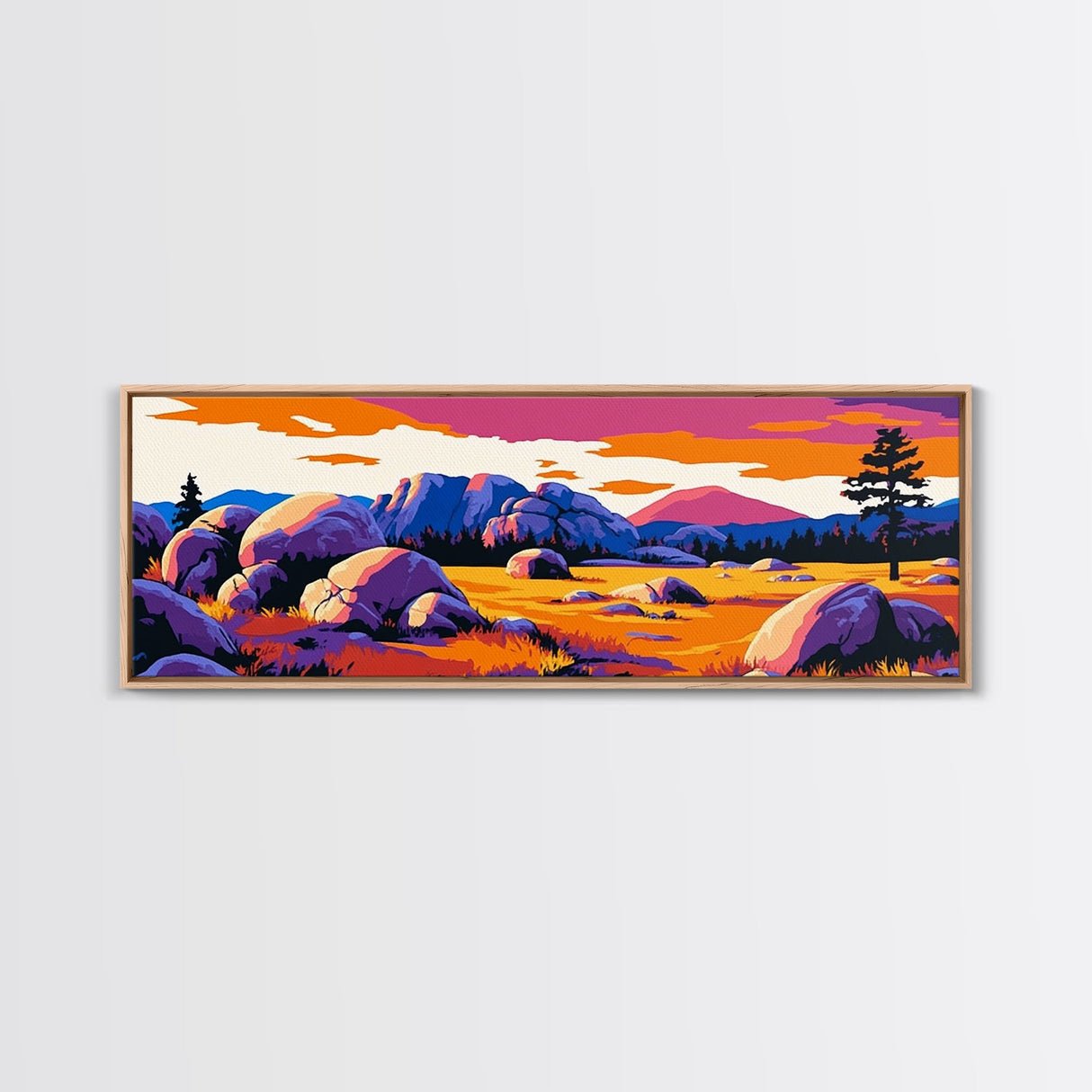 Southwest landscape, sunset painting, Joshua tree art, pink orange wall art, extra wide art, rustic decor, framed canvas print