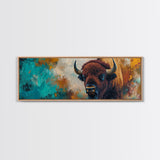 Bold bison painting, teal and orange art, rustic wall art, farmhouse decor, boho art, extra wide western painting, canvas print