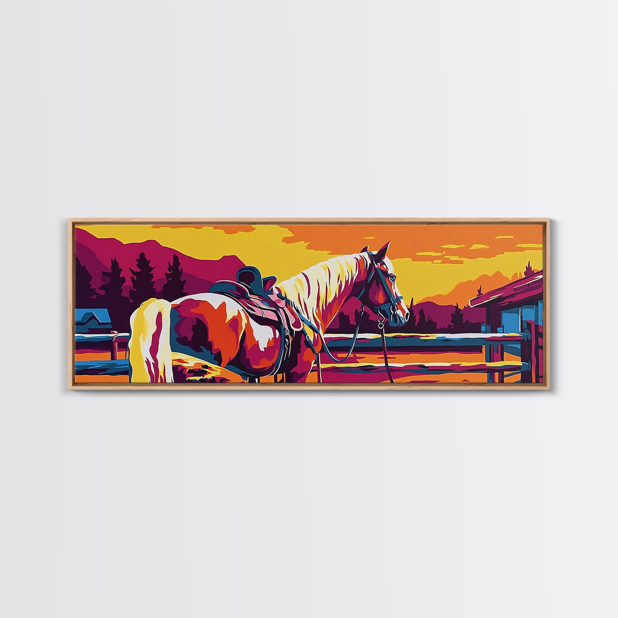 Western horse, saddle, cowboy, sunset, rustic wall art, panoramic art, framed canvas print, extra wide art, horse wall art