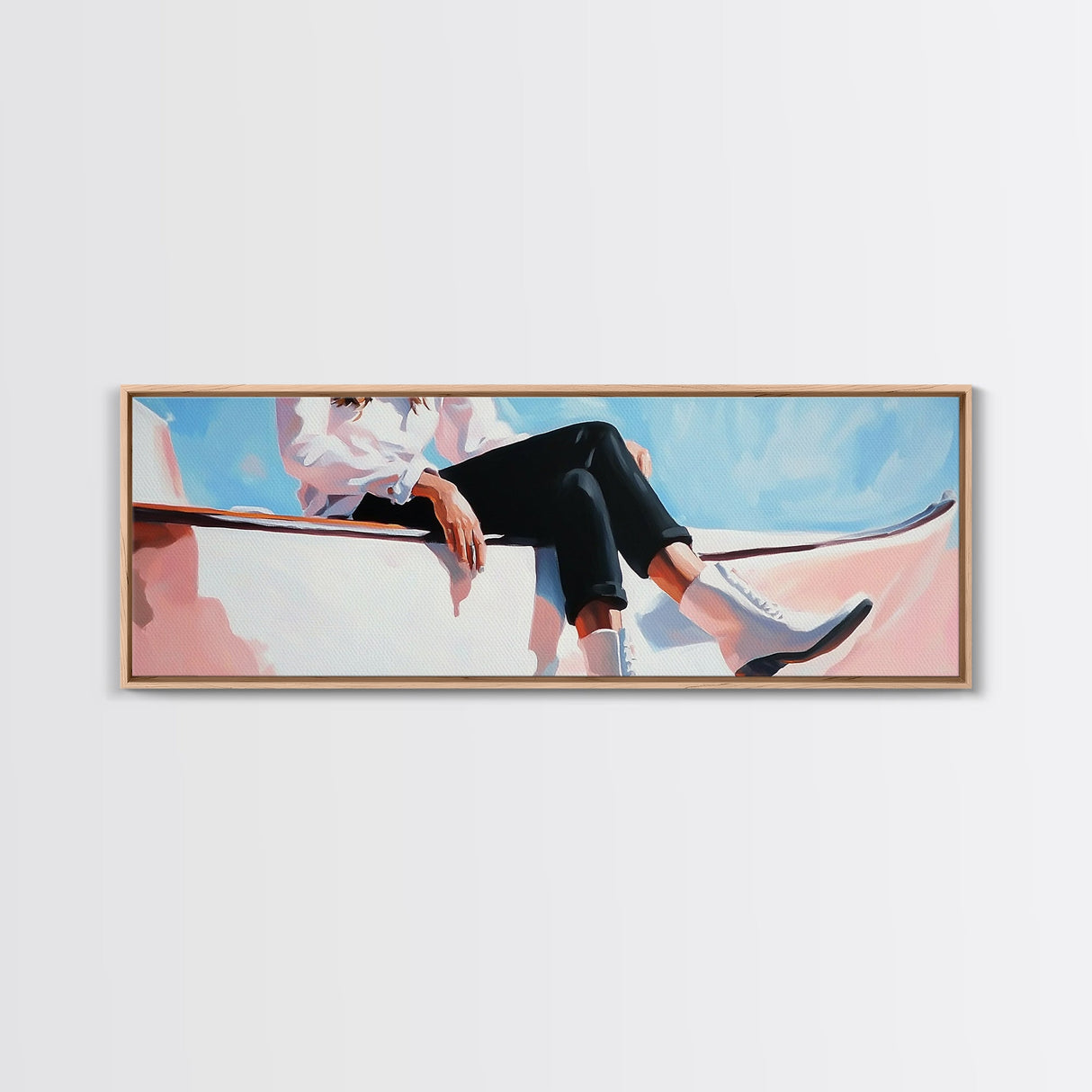 Coastal cowgirl, beach aesthetic, nautical decor, minimalist art, pastel painting, extra wide art, framed canvas print, surf wall art