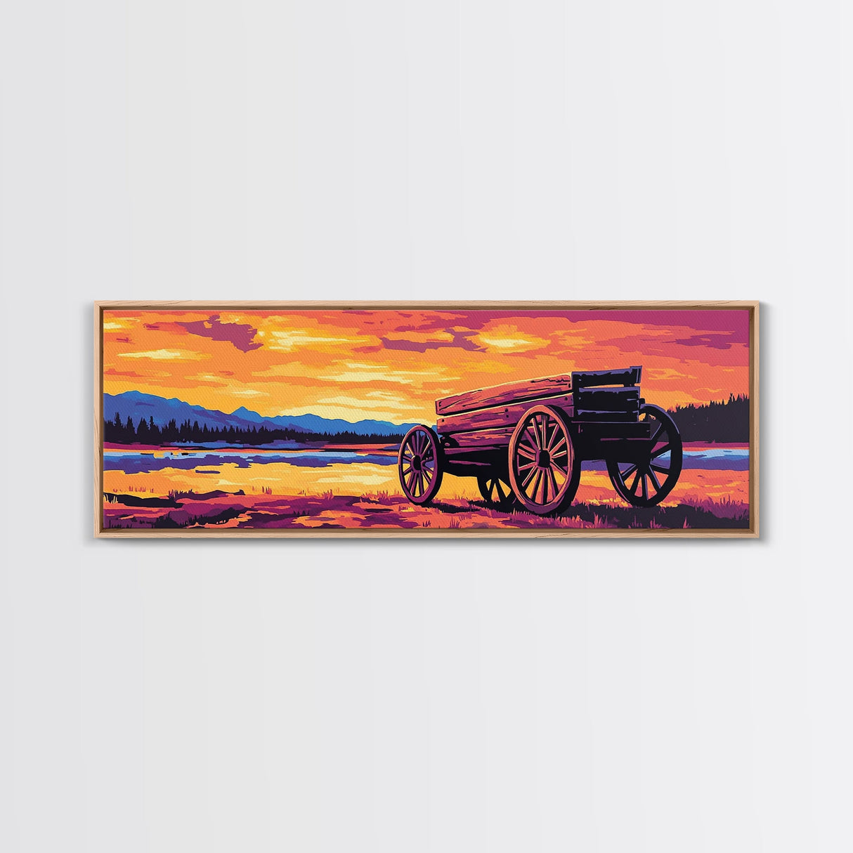 Sunset Wagon Painting, southwest wall art, boho art, Joshua tree art, rustic decor, warm tones, framed canvas print, extra wide art