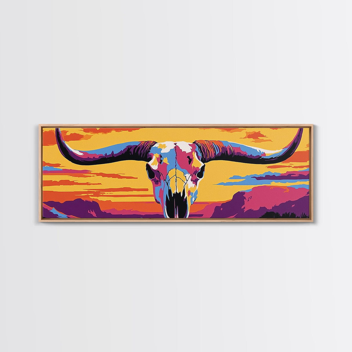 Longhorn Skull, southwest wall art, bull and bear art, pink orange wall art, extra wide art, Framed Canvas Print, rustic decor
