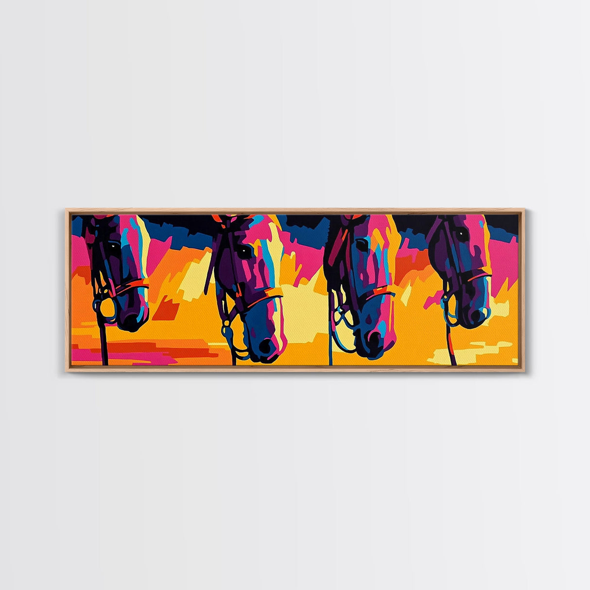 Colorful Horses, horse wall art, pink orange wall art, extra wide art, southwestern art, blotter art, Canvas Print, geometric wall art