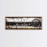 Wagon Wheel, barn landscape oil painting, black and white art, rustic decor, farmhouse art, extra wide art, Framed Canvas Print, moody art