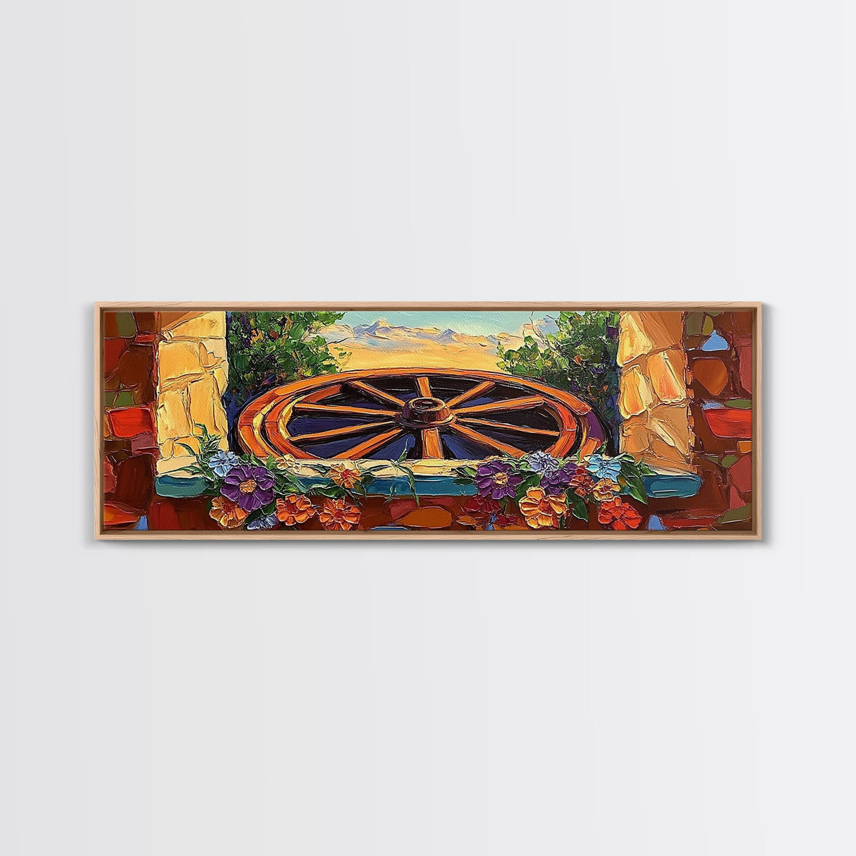 Rustic Wagon Wheel, farmhouse art, southwest wall art, wildflower painting, boho art, extra wide art, framed canvas print, landscape painting