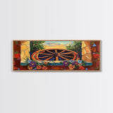 Rustic Wagon Wheel, farmhouse art, southwest wall art, wildflower painting, boho art, extra wide art, framed canvas print, landscape painting