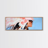 Pink Headdress, modern portrait, southwest wall art, moody art, framed canvas print, light pink wall art, gift idea for her