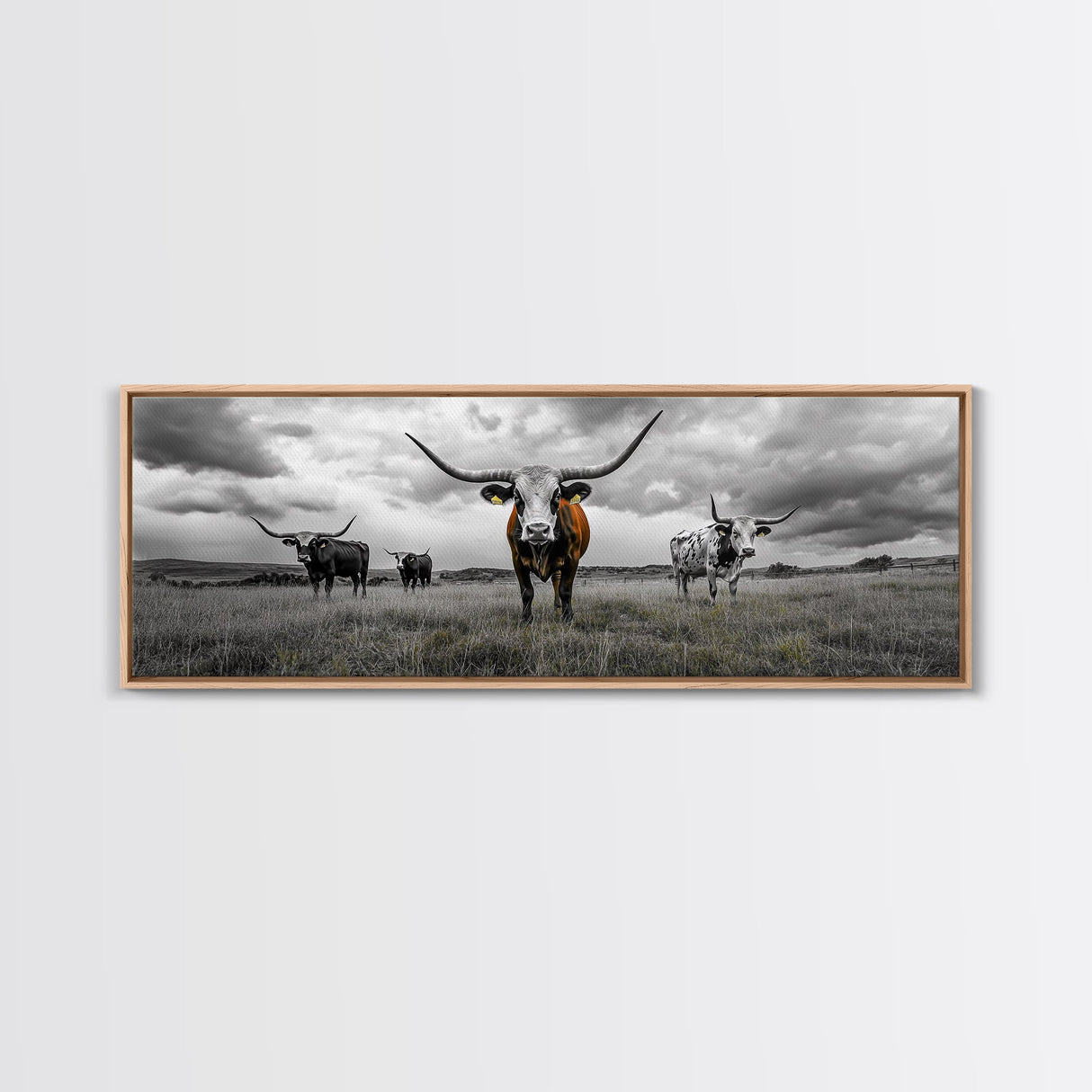 Texas Longhorns, Bull and Bear Art, Rustic Wall Art, Moody Art, Extra Wide Art, Framed Canvas Print, Horizontal Wall Art, Gift Idea