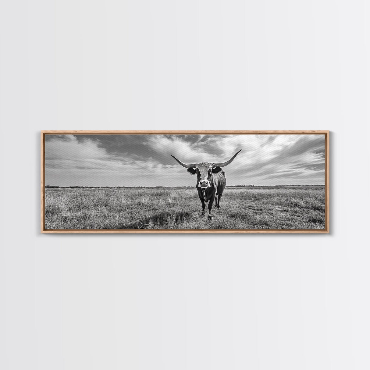 Texas Longhorn, Rustic Wall Art, Canvas Print, Farmhouse Art, Western Decor, Above Bed Art, Extra Wide Art, Moody Black And White Art