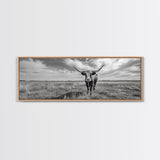 Texas Longhorn, Rustic Wall Art, Canvas Print, Farmhouse Art, Western Decor, Above Bed Art, Extra Wide Art, Moody Black And White Art