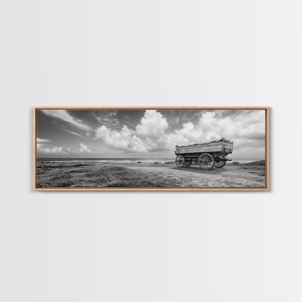 Rustic Wagon, coastal landscape art, extra wide art, panoramic painting, farmhouse art, framed canvas print, nautical wall art
