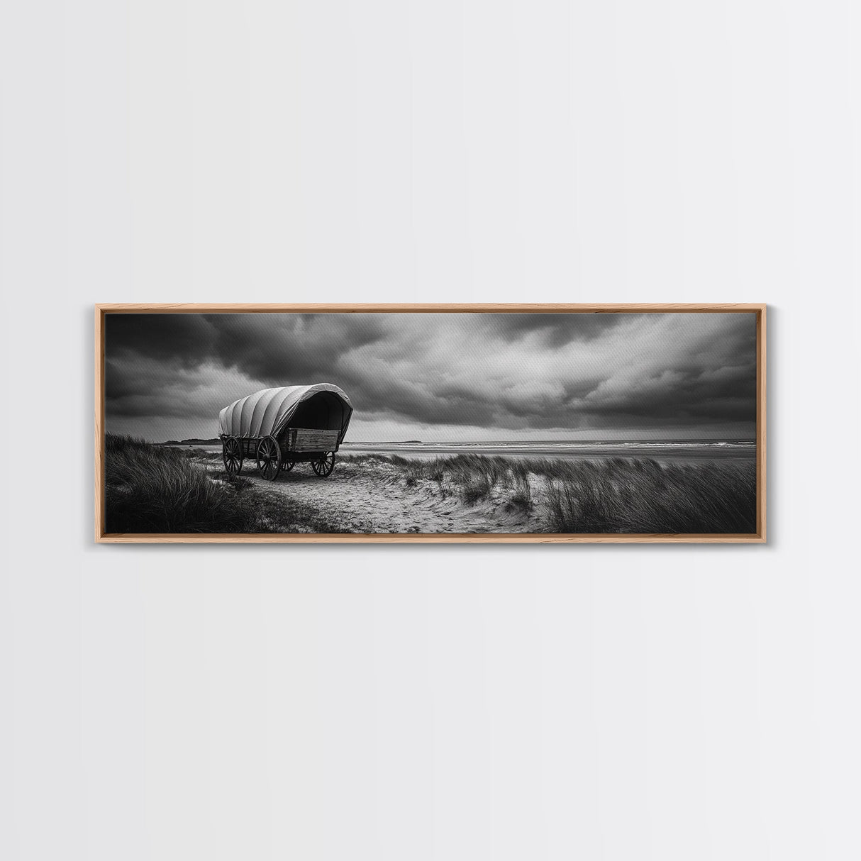 Covered Wagon, coastal cowgirl wall art, rustic decor, farmhouse art, long narrow wall art, framed canvas print, extra wide art