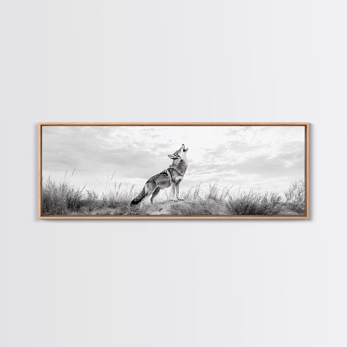 Lone Coyote, southwest wall art, wabi sabi art, extra wide art, moody art, landscape painting, framed canvas print, panoramic art