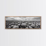 Rocky terrain, minimalist art, wabi sabi art, panoramic art, extra wide art, landscape painting, framed canvas print, moody art, rustic decor