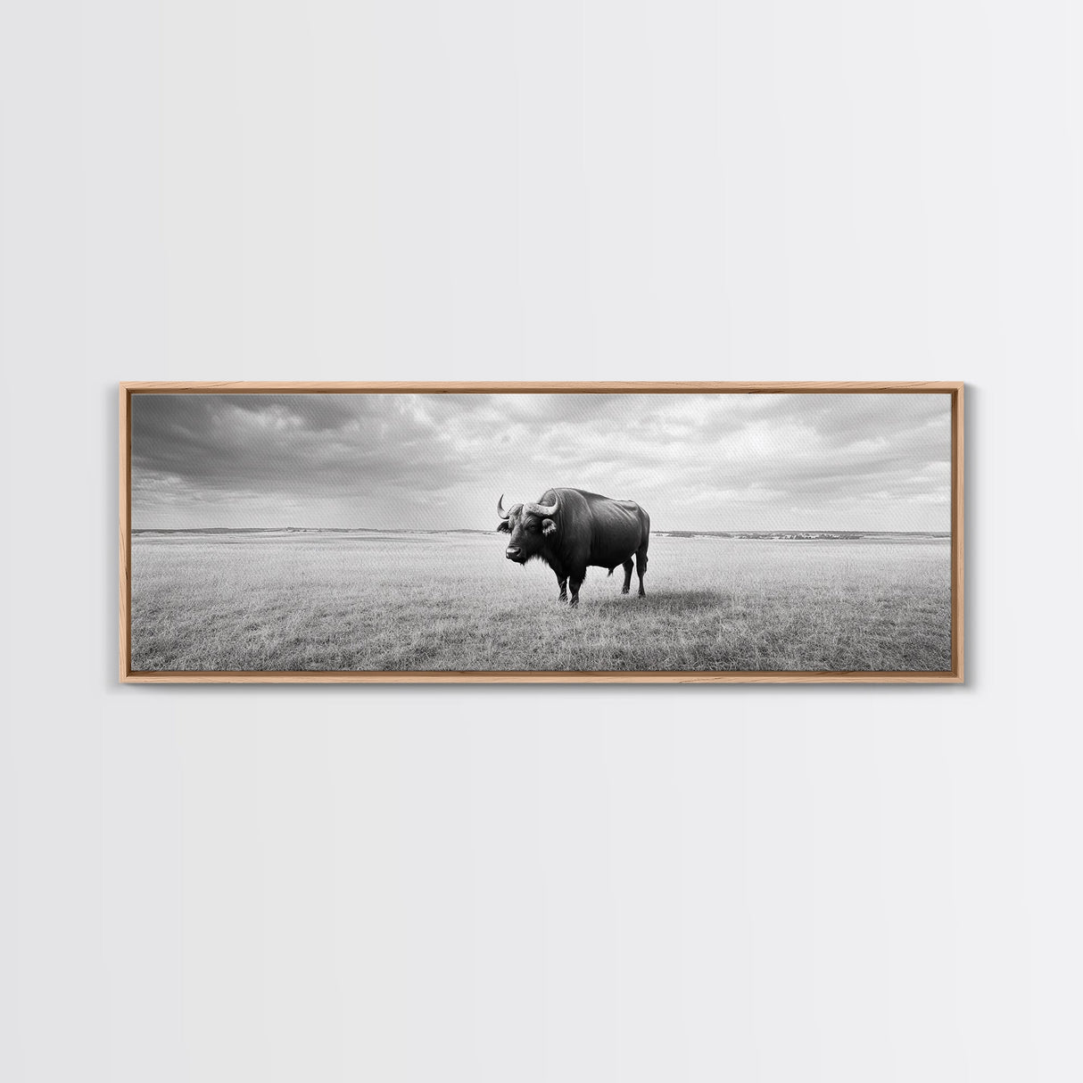 Lone buffalo, western landscape, rustic wall art, panoramic art, extra wide art, farmhouse decor, framed canvas print, wildlife painting, bull and bear art